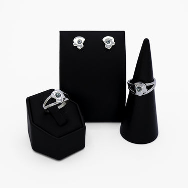 Sterling Silver Stud Earrings with Montana Blue Sapphires and Rings in the same shape as the earrings also with Montana Blue Sapphires.